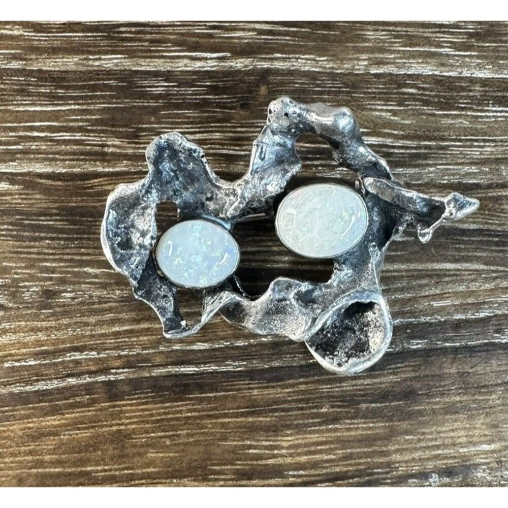 Vintage Handmade Sterling Silver Modernist Brutalist Opal Brooch Pin